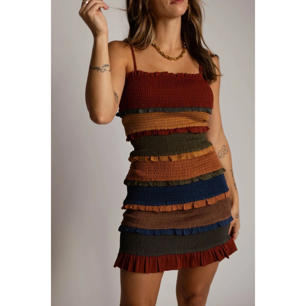Storia Multi Color Tiered Ruffle Smocked Mini Dress Earth Tones Boho Medium
